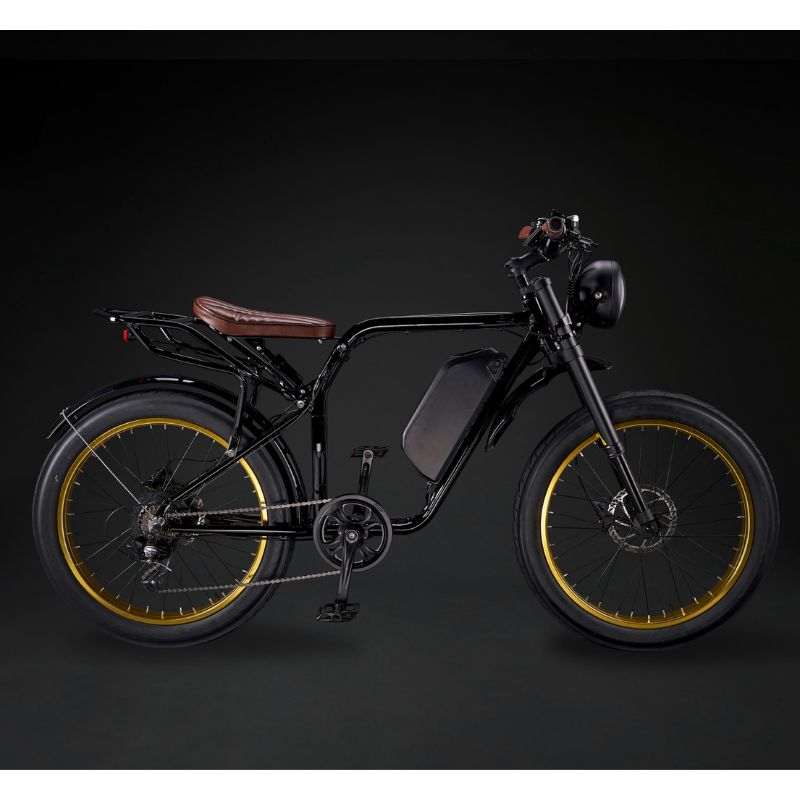 Rocket GTS Cruiser - Cruiser Electric Bike - Black Frame - Gold Rim - Brown Trim