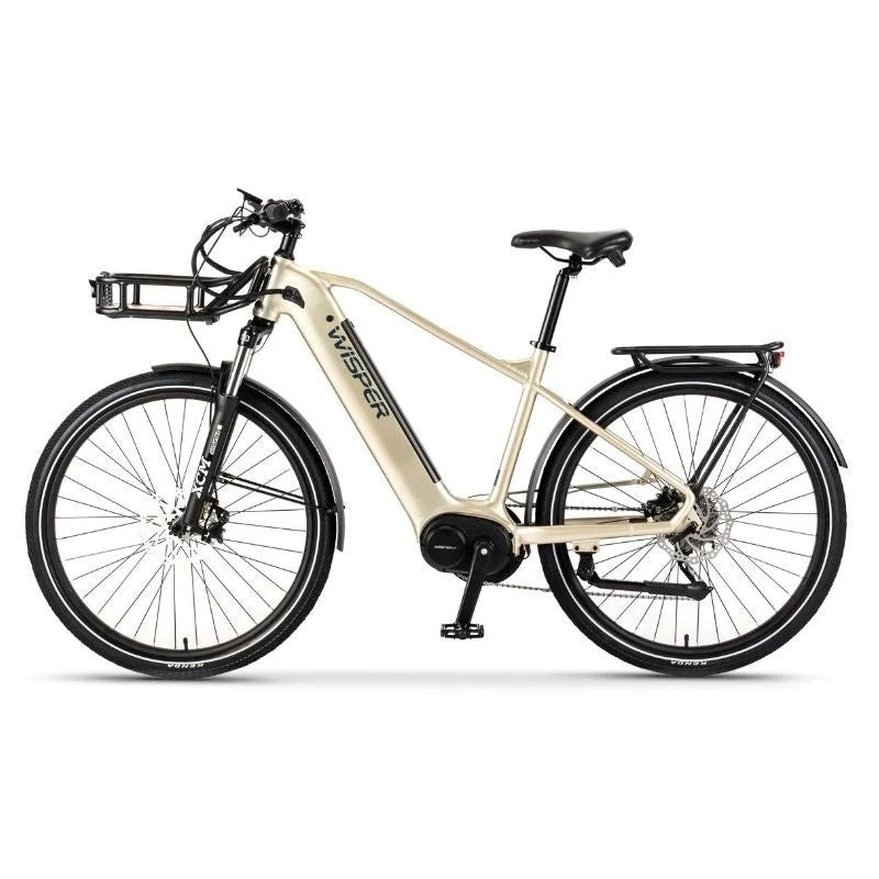 Wisper Wayfarer M9 Mid-Drive Crossbar Electric Bike - Iridium Silver with basket - E-Bikes Express